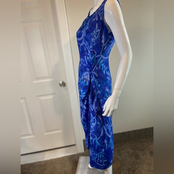 Expressions~Tropical Blue Faux Wrap Midi Dress~Scoop Neck~Sleeveless~Size 10 - Picture 11 of 16